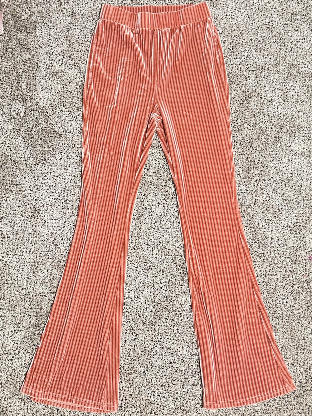 SHEIN Coral Ribbed Velvet Bell Bottom Flare Pants